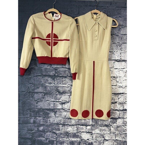 Vintage Bakalli 2pc Dress & Sweater Set Womens 10 Mod Geometric Red Beige - Picture 3 of 16
